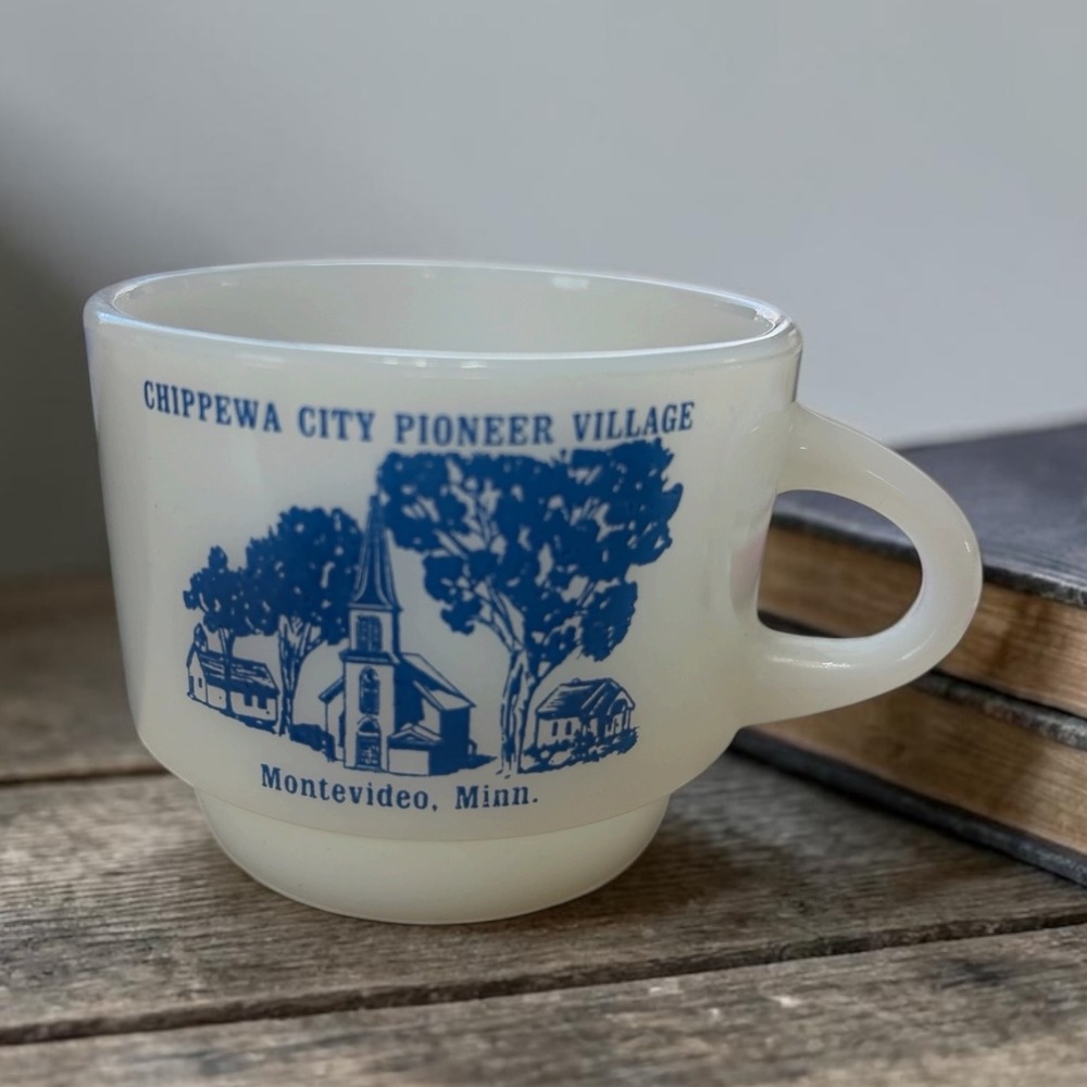 Vintage Fire King Milk Glass Mug Chippewa City Pioneer Village Montevideo Minn